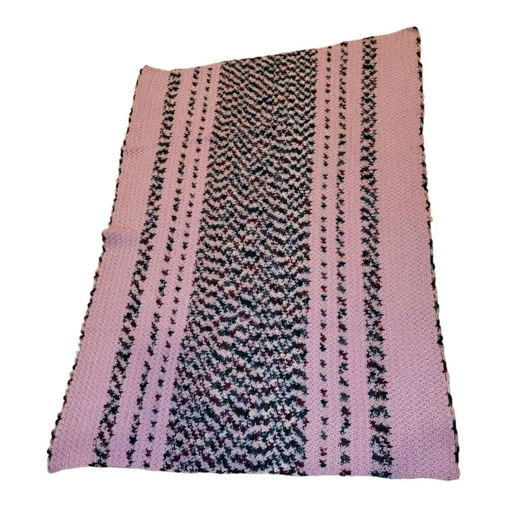 Vintage‎ Handmade Crochet Pink And MultiColor Stiped Afghan Blanket 38x53